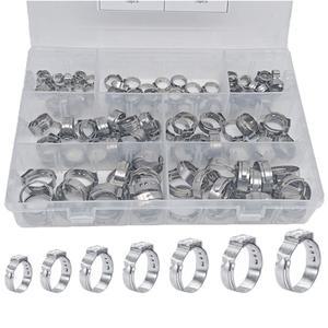 125개 7-21mm 싱글 이어 호스 클램프 세트 304 스테인리스 스틸 튜브 파이프 연료 라인 클립 모음 키트 핀