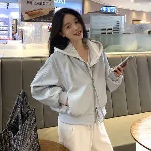 [미나그램] 너튼 후드집업 레이어드 레더블루종점퍼