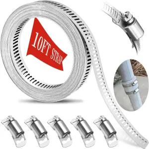 WSWECCL 호스 클램프 10FT 스트랩+5 패스너 DIY 컷-투-핏 304 스테인리스 스틸 조절식 대형 웜 기어 밴드