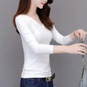 좋은 여자 가을 봄 브이넥 긴팔 티셔츠 무지티 이너티