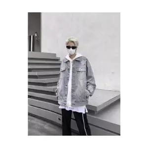 룽나루 남성 청자켓 빈티지 데님 코트 봄가을 워싱 그라데이션 스타 재킷 상의 HO3