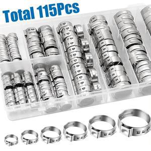 115PCS 단일 귀 호스 클램프 5.8-28.6mm 304 스테인레스 스틸 압착 구색 키트 파이프 및 자동차 고정