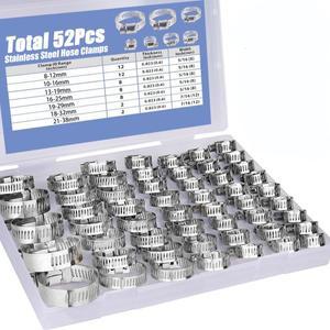 52Pcs 8-38mm 스테인레스 스틸 스크류 밴드 호스 클램프 자동차  튜브 파이프 웜 기어 플라이어 도구 수도