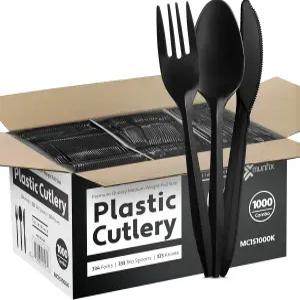 1000 카운트 블랙 실버웨어 세트 포크 334개 숟가락 333개 나이프 중간 무게 BPA 프리 일회용 플라스틱