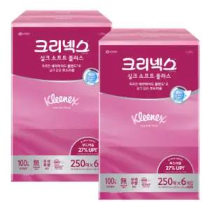 크리넥스 실크소프트 250매 6입 2팩 총 12개 천연펄프 미용티슈 각티슈 곽티슈