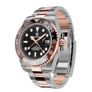 [미국배송] BY BENYAR 파가니 디자인 남성용 시계 GMT 자동 사파이어 유리 패션 비즈니스 스테인리스 스틸 100M 방수 손목 PD-1662