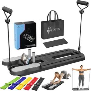 필라텍스 필라테스 보드 - 저항 밴드가 있는 접이식 리포머 바 여행 가방 여성 및 남성을 위한 전신 근력