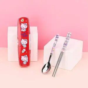 [골드스마일]헬로키티 올인원 가벼운 진공 스텐 수저 클리어 케이스 세트