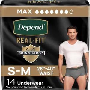 Depend Real Fit 기저귀 남성용 요실금 속옷 일회용 최대 흡수력 소형/중형 회색 14개 수 포장은 다를