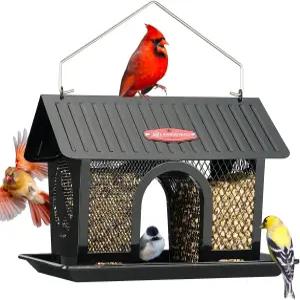 야외용 킹야드 새 모이통 시드 트레이 및 방풍 지붕이 있는 이중 사용 금속 메쉬 야생 대용량 3파운드