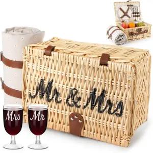 페로셰프 피크닉 바구니 2인용 커플 신부를 위한 약혼 결혼식 신부 샤워 선물 방수 담요가 있는 위커 부부