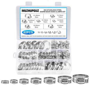 [미국배송] 304 스테인리스 스틸 호스 클램프 모음 키트 62PCS 1/4-2인치(6-38MM) 조절 가능한 웜 기어 파이프 클램프 자동차 세탁기 기계식