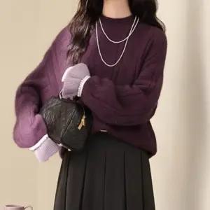 여자 퍼플 루즈핏 니트티 데일리룩 진주소매 티셔츠