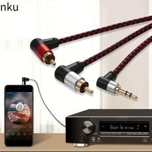 Nku 90도 3.5mm 남성 2 RCA 잭 오디오 케이블 MP3 증폭기 용 내구성 실용 직각 AUX Y 분배기 코드