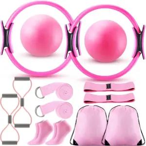 가정용 필라테스 장비 키트 n여성용 12인치 서클 요가 링 및 볼 세트 n저항 밴드 스트랩 양말 가방 포함 n