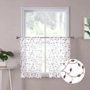 톨피즈 짧은 시어 티어 커튼 버건디 레드 자수 주방 하프 로드 포켓 보일 리넨 욕실용 길이 30 x 24 인치