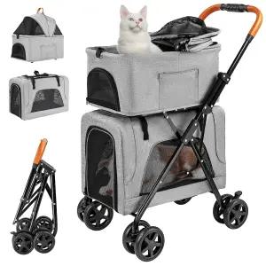 중형 소형견과 고양이 탈착식 캐리어 LPOTIUS 더블 펫 유모차 지퍼가 없는 캐노피 수납 바구니 원클릭