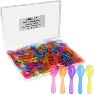 아메요즈 3인치 작은 미니 시식 스푼 색깔 일회용 디저트 푸딩용 링 젤로 샷 스크림 (30개들이 1팩)