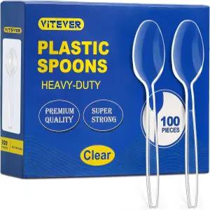 [100 카운트] 클리어 플라스틱 스푼 헤비 듀티 프리미엄 일회용 파티용 내구성 있는 식기 피크닉 대규모