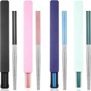 파텔라이 4쌍 휴대용 젓가락과 케이스 스테인리스 스틸 젓가락 재사용 가능한 여행용 도구 사무실 점심 및