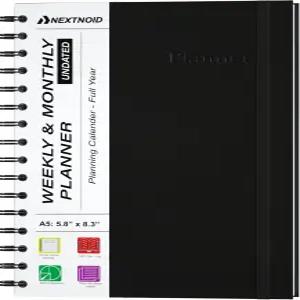 날짜가 없는 월간 및 주간 플래너 - 주중이 포함된 12개월 캘린더 노트 하드커버 빈 안건집 A5 블랙