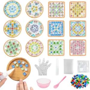 Adboros 12 세트 공예용 DIY 유리 모자이크 타일 나무 코스터 대나무 음료 트레이 수제 홈 데코레이션