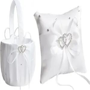 링 베어러 베개 및 플라워 걸 바구니 세트 - 더블 하트 라인스톤 화이트 새틴 웨딩 예식 파티 용품