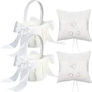 화이트 플라워 걸 바구니 및 링 베어러 베개 세트 라인스톤 새틴 웨딩 결혼 선물 기념일 축하 파티 장식