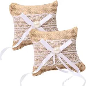 루젠 2Pc 웨딩 링 베개 러스틱 버랩 레이스 신부 및 신랑 디스패리 스몰 홀더 결혼식 파티용