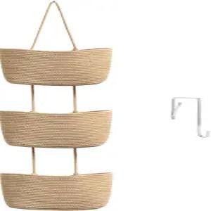 TeoKJ 오버 더 도어 걸이 바구니 3단 직조 면 벽걸이 수납 정리 가방 장식 - 황마