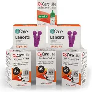 오케어 라이트 혈당 검사 모니터 - 검사를 위한 스트립 150개 랜싯 200개 대조 용액 1개 정확하고 저렴한