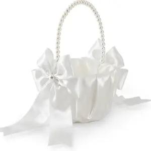 해피렌 웨딩 플라워 걸 바구니 - 우아한 진주 손잡이와 나비 장식 보리 색상 지름 5.1인치 파티에