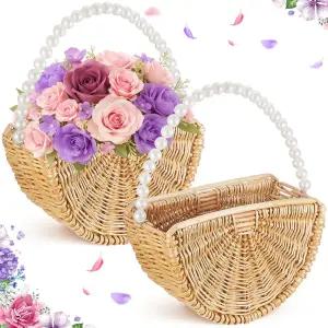 홈 가든 야외 피크닉 장식용 에이스오빗 플라워 걸 바구니 2개 펄 핸들 위커 라탄 웨딩 소박한 요정