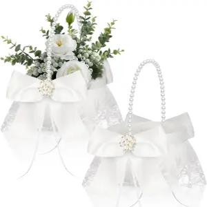 수트민 웨딩 플라워 걸 바구니 2개 세트와 진주 손잡이 보리 화이트 레이스 보크노트 새틴 결혼식 꽃잎