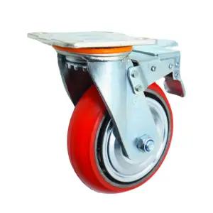 광폭 48mm 고중량 철코어 우레탄 적색 바퀴 캐스터 15cm(6인치) 토탈락 회전브레이크형
