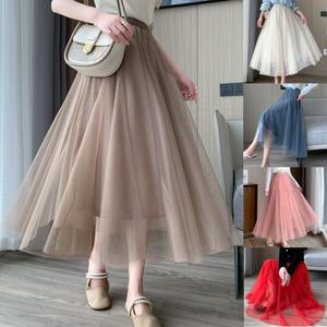 여성 여름 주름 플레어 치마 밴딩 롱 플리츠 스커트