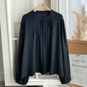 여성 앞핀턱 노카라 얇은 긴팔 블라우스 DGB-WBL-4780-블랙