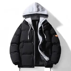 [위즈아이]남녀 공용 면 후드 레이어드 패딩 점퍼 겨울 후드 집업 자켓 커플룩 WI052P