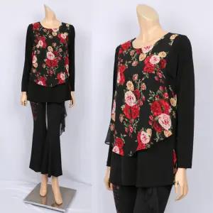 노브패리스 BGR3116 오송이 이중 쉬폰 티셔츠 66에서99 라운드 긴팔 뱃살커버 빨강꽃 봄 가을