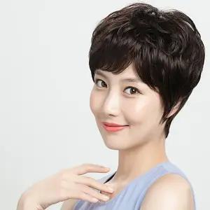 중년여성 인모 볼륨 숏컷 통가발 숏헤어 탈모 전체 브라운