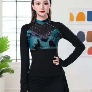 라인댄스 여성댄스복 왈츠 댄스복 상의 블랙블루 라틴 사교