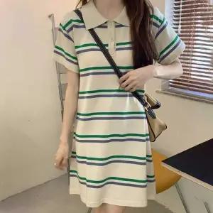 대학생 VY70LO53 여자 여름 카라 넥 반팔 원피스 스트라이프