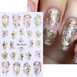 5pcs 메탈릭 골드 라인 꽃 네일 스티커 3D 브론 징 테두리 사쿠라 데칼 슬라이더 DIY 우아한 매니큐어 장식