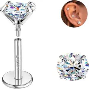 젬퀸 모이사나이트 귀걸이 G23 티타늄 연장 내부 실 플랫 백 저자극성 트라구스 연골 나선형 소라 피어싱