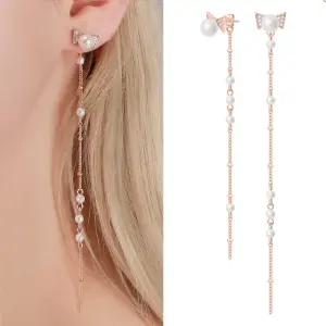 비슈뉴 14K 금침 로즈골드 진주 리본 일자침 체인 롱 드롭 귀걸이