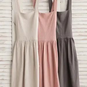 여성 앞치마 린넨 데일리 요리 주름 앞치마 무지 포켓 웨어 드레스 반팔 미용