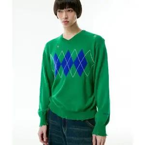 이에스씨스튜디오 v 넥 데미지 아가일 니트 그린 1942636