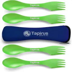 타피루스 - 4가지 스팍 투 고 세트 7인치 내구성 및 BPA 프리 숟가락 포크 나이프 콤보 식기 플랫웨어 캠핑
