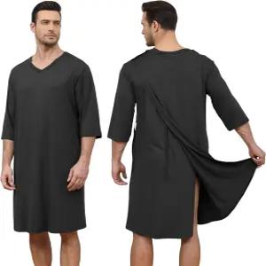 어깨 스냅이 있는 리오콕 소프트 엘라스틱 남성 병원 가운 허리 드로스트링 옆주머니 남성용 환자