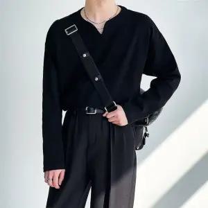 남성 캐주얼 브이넥티 나른한 봄가을 루즈핏 스몰 브이넥 긴팔 티셔츠 조표 패션 트레이닝 셔츠 CH3